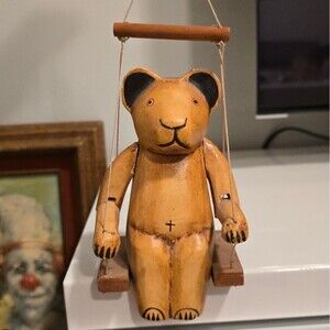 Bear on the Swing Antique Vintage Hand carved Painted Hanging Spring Decor Toy